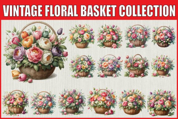 Download Vintage Floral Basket Clipart Set - Vintage Collection